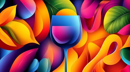 Poster - Wineglass containing vibrant liquid stands against an abstract background with colorful shapes and shadows.