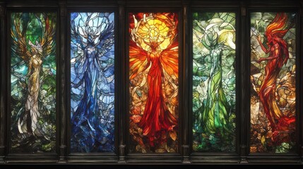 Wall Mural - Colorful stained glass panels depicting mythical figures