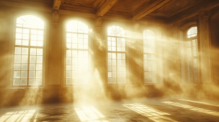 Poster - Light pours through large windows creating a warm atmosphere in an abandoned building during the early morning
