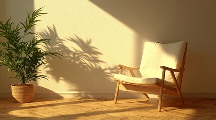 Poster - Cozy wooden chair with a plant in a sunlit room during the afternoon hours