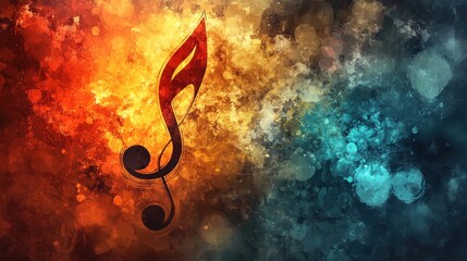 Poster - Abstract musical note, vibrant colors, fiery background, tranquil water background