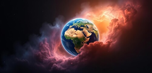 Wall Mural - Earth nestled in soft, glowing nebula, dark space background, galaxy,  habitat
