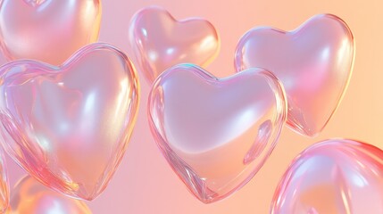 Poster - Abstract glowing hearts floating on a gradient pink and peach background, dreamy romantic vibe with room for text