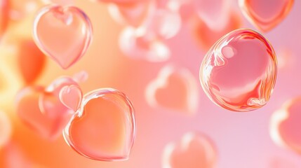 Poster - Abstract glowing hearts floating on a gradient pink and peach background, dreamy romantic vibe with room for text