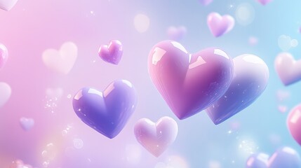 Poster - Abstract soft hearts floating in a dreamy pastel background, with bokeh light effects and open space in the center for text