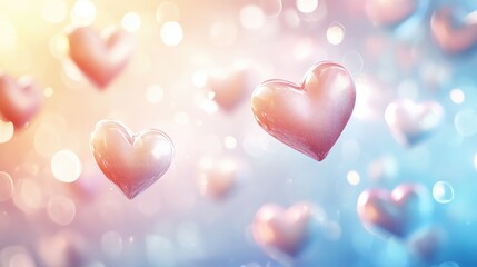 Poster - Abstract soft hearts floating in a dreamy pastel background, with bokeh light effects and open space in the center for text