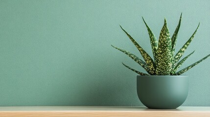 Poster - Aloe plant in modern planter on shelf with soft pastel background and clear negative space