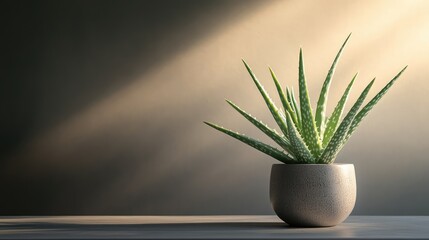 Poster - Aloe vera plant with long leaves in ceramic pot on table, soft light and neutral tones with blank wall