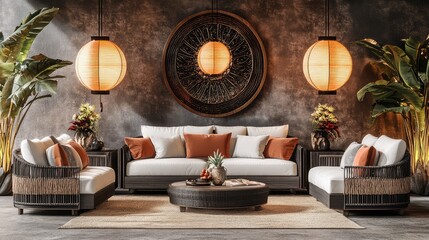 Poster - A chic, contemporary Asian-style lounge area with modern furniture, decorative lanterns, and an open space for creative overlay text or graphic designs