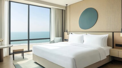 Poster - A clean and minimalist sea view room with large windows showing the ocean, a comfortable bed, and soft, neutral decor, providing ample space for text or designs
