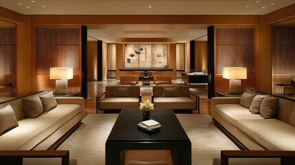 Poster - A contemporary living room with Asian-style wooden decor, soft lighting, and a calm ambiance, leaving room for overlay text or graphic elements in the center
