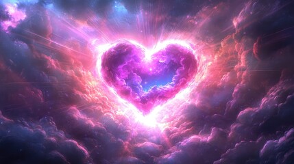 Poster - A glowing heart surrounded by soft beams of light and whimsical clouds, creating a fantasy love atmosphere with open space in the center for text