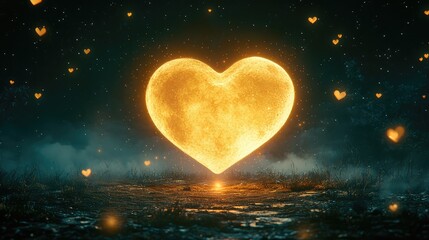 Poster - A glowing heart-shaped moon surrounded by mist and stars, with floating light particles, creating a dreamy fantasy love scene with open space for copy