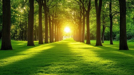 Poster - A public park with tall trees and a well-maintained lawn, offering a calm and peaceful environment with space in the center for copy or design