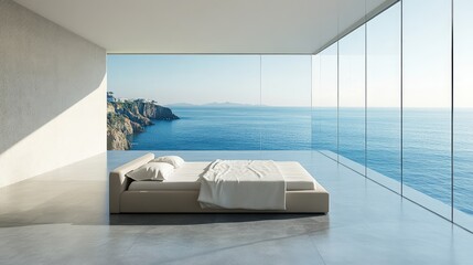 Poster - A stylish sea view suite with a large bed, minimalist decor, and floor-to-ceiling windows showcasing the ocean, offering ample space for overlay text or designs