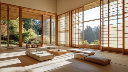 Poster - A tranquil living room with Asian-style wooden furniture, neutral tones, and natural light flooding through large windows, offering room for design elements