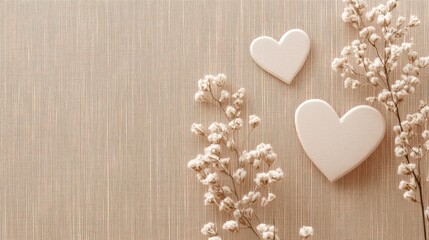 Poster - Background with delicate dried flowers and paper heart cutouts on beige fabric, soft love aesthetic with copy space