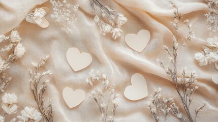 Poster - Background with delicate dried flowers and paper heart cutouts on beige fabric, soft love aesthetic with copy space