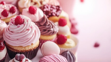 Poster - Blurred background of assorted soft pastel dessert toppings creating a fun and dreamy vibe with space in the middle