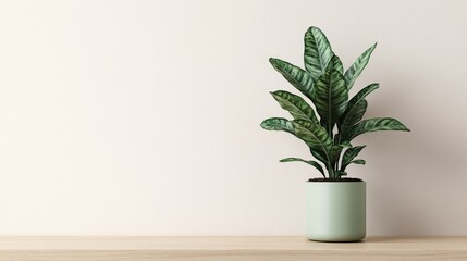 Poster - Dumb cane plant on light wood surface with neutral backdrop and design-ready copy space