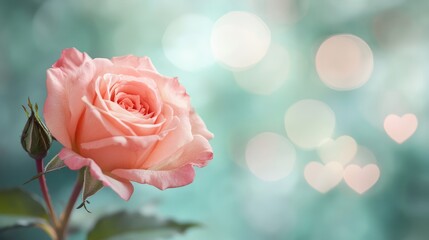 Poster - Dreamy rose-colored light with subtle heart bokeh floating through the scene, creating a romantic and elegant backdrop with space for text