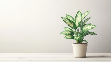 Poster - Dumb cane plant on light wood surface with neutral backdrop and design-ready copy space