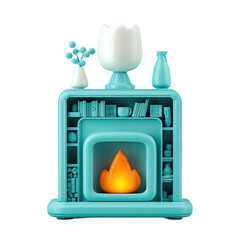 Poster - Stylized fireplace illustration with turquoise and white elements a central fire and decor items on shelves. Transparent background.