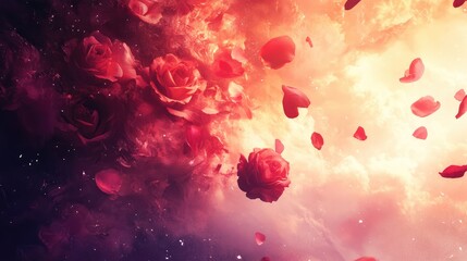 Poster - Glowing rose petals falling through a misty, starry atmosphere, evoking a fantasy love feeling with central open space for copy