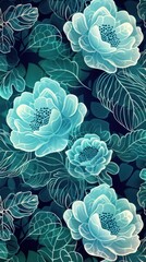 Poster - Light Blue Peony Floral Pattern on Dark Teal Background
