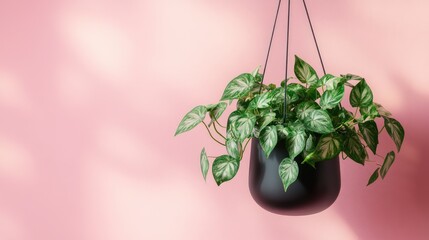 Poster - Golden pothos in modern hanging pot with soft shadows on blank pastel wall, clean area for branding or message