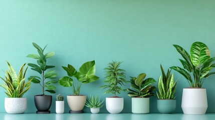 Poster - Indoor garden concept with multiple potted houseplants and clean wall with copy space
