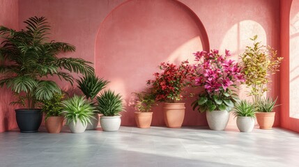 Poster - Indoor garden concept with multiple potted houseplants and clean wall with copy space