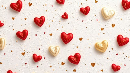 Poster - Pattern of gold and red hearts on soft white texture background, space in center for messages
