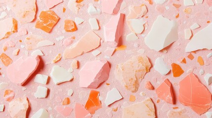 Poster - Pink terrazzo background with small pastel stone fragments and light texture, flat lay with copy space