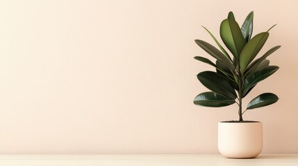 Poster - Rubber plant in pot on light wooden table with beige wall background and natural soft lighting, ample copy space