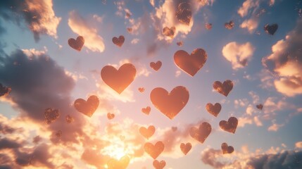 Poster - Soft glowing heart particles scattered across a dreamlike sky, creating a romantic and magical atmosphere with wide space for design