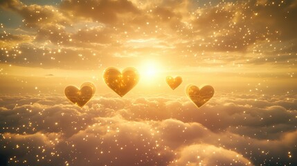 Poster - Soft golden mist with glowing hearts and stars floating in a dreamy sky, creating a fantasy love scene with wide space for overlay text