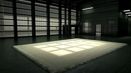 Leinwandbilder - Illuminated textile art installation with geometric patterns in a spacious hall