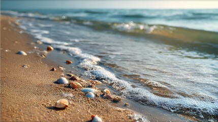 Poster - Coastal Serenity Seashells Embrace the Shoreline Waves on a Sunny Day at the Beach Peaceful Scene Scenic Coastline