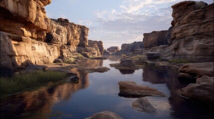 Aufkleber - Serene canyon river landscape with golden light reflecting on water and majestic cliffs at peaceful daytime