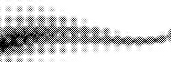 Poster - Black halftone wave background. Abstract grainy fluid texture. Dotted curved dot flow wallpaper. Grit swoosh overlay element for poster, banner, template, brochure, flyer, leaflet. Vector backdrop