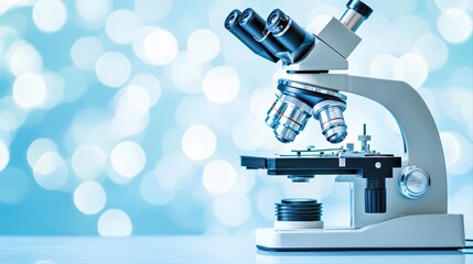Poster - laboratory microscope on table with blue bokeh background