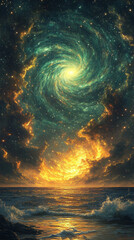 a stunning space scene of green nebulae resembling auroras rippling across the cosmos symbolizes the