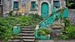 © Paypal - Overgrown stone steps leading to an old, weathered house with a teal door and windows.