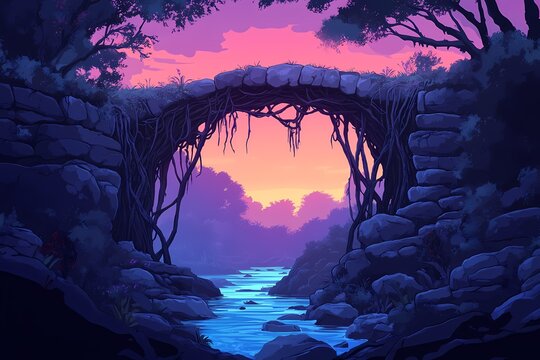 Discover the Mystical Beauty: A Dreamy Forest Landscape with a Scenic Stone Bridge at Sunset