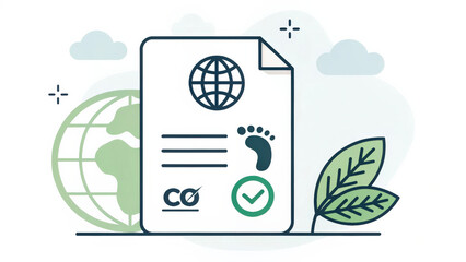 Poster - minimalist illustration of document featuring earth symbol, footprint, and eco friendly icons, set against backdrop of globe and leaves, conveying sustainability