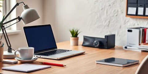 Wall Mural - Home office workspace with laptop, headphones, and coffee cup, assistance, cute
