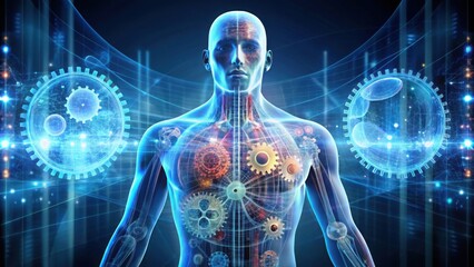 Poster - Human Figure with Gears and Charts Illustrating Complex Systems