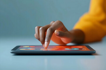 Aufkleber - A close-up of a hand interacting with a tablet screen displaying colorful graphics and data.