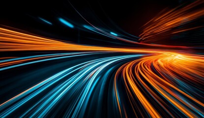 Poster - Abstract light trails, dynamic speed, vibrant colors, motion blur, energy, futuristic technology, fast, curve, road, tunnel, night.